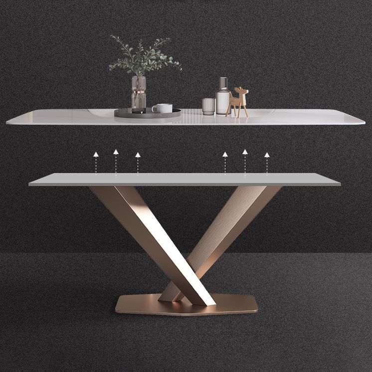 Traditional Luxury Dining Table Rectangle Sintered Stone Pedestal Table with Rose Gold Frame