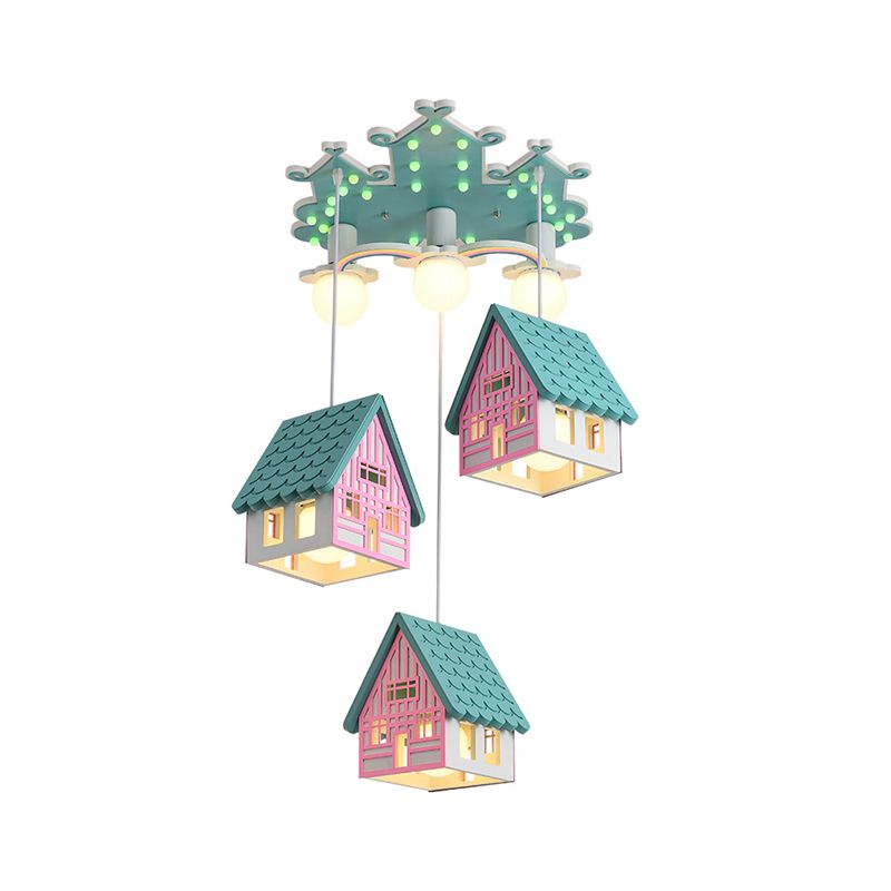 Lámpara de techo de guardería en forma de casa Madera 6 Bombullas Candelier Creative Chandelier Iluminación