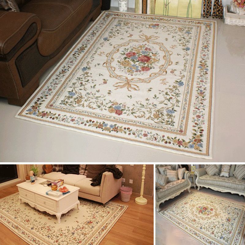 White Tone Victorian Area Carpet Polyester Floral Printed Indoor Rug Anti-Slip Backing Carpet for Living Room