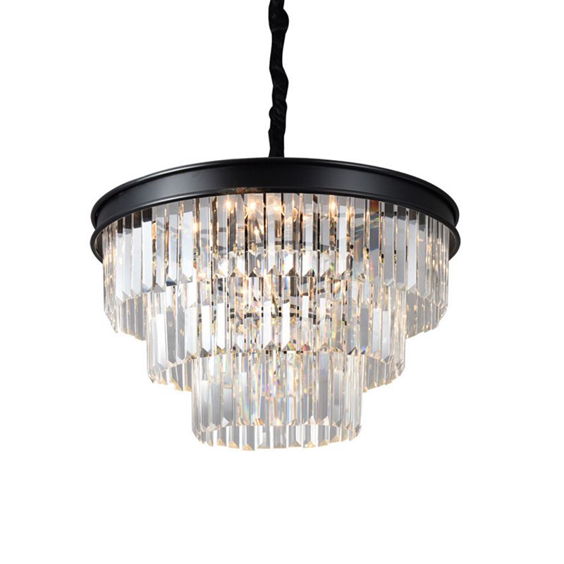 Clear Crystal Glass Tiered Ceiling Light Postmodern 9/12 Lights Black Chandelier Light, 16"/23" Wide