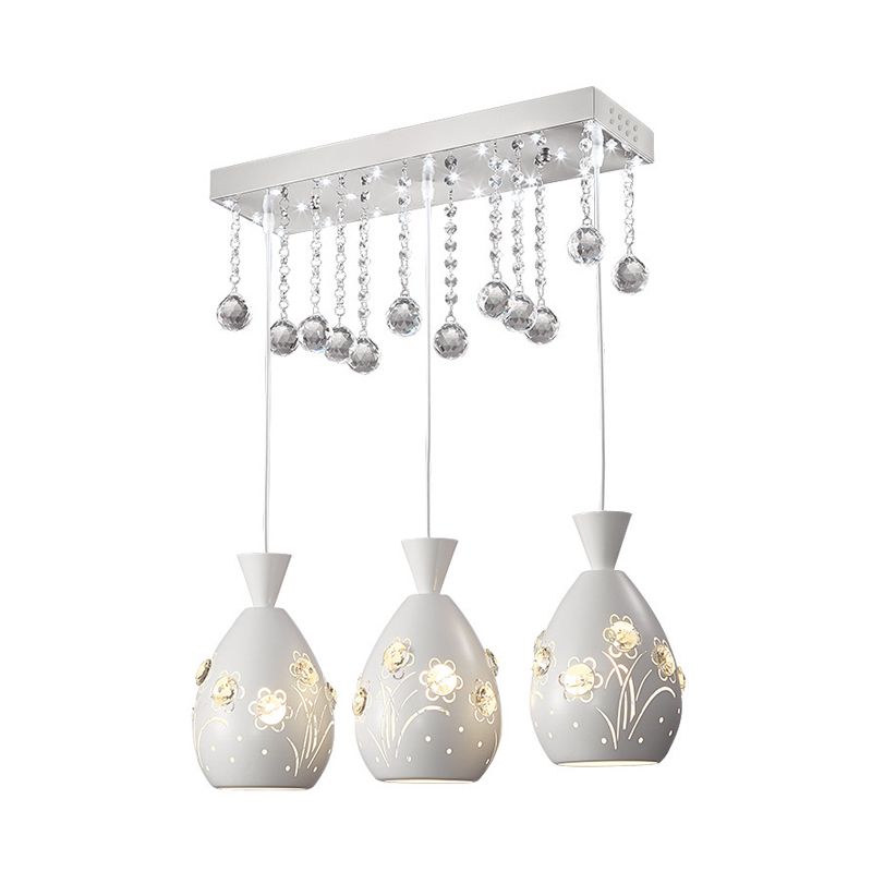 Hollow-Out Floret Iron Multi Light Ceiling Lamp Modern 3-Light White Hanging Pendant with Crystal Droplet