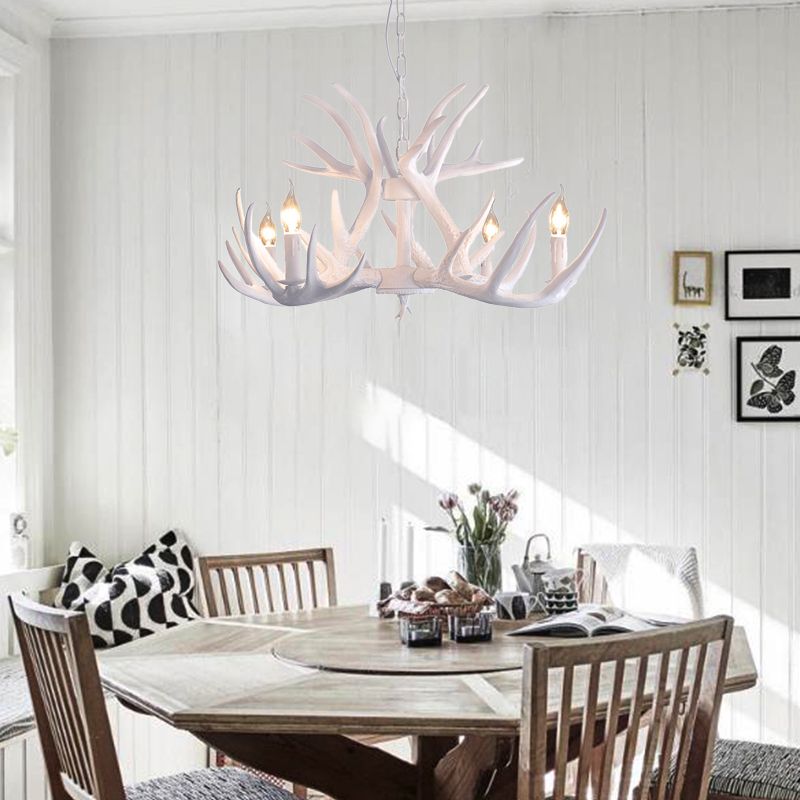 Weißer Faux -Anti -Anhänger Kronleuchter traditionelles Harz 4/6/9 Köpfe Esszimmer Hängende Deckenleuchte