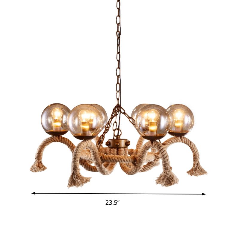 6 lumières Global Chandelier Lighting Retro Rust Finish Finish Rope Suspension Light With Smoke Grey Grey Glass Shade
