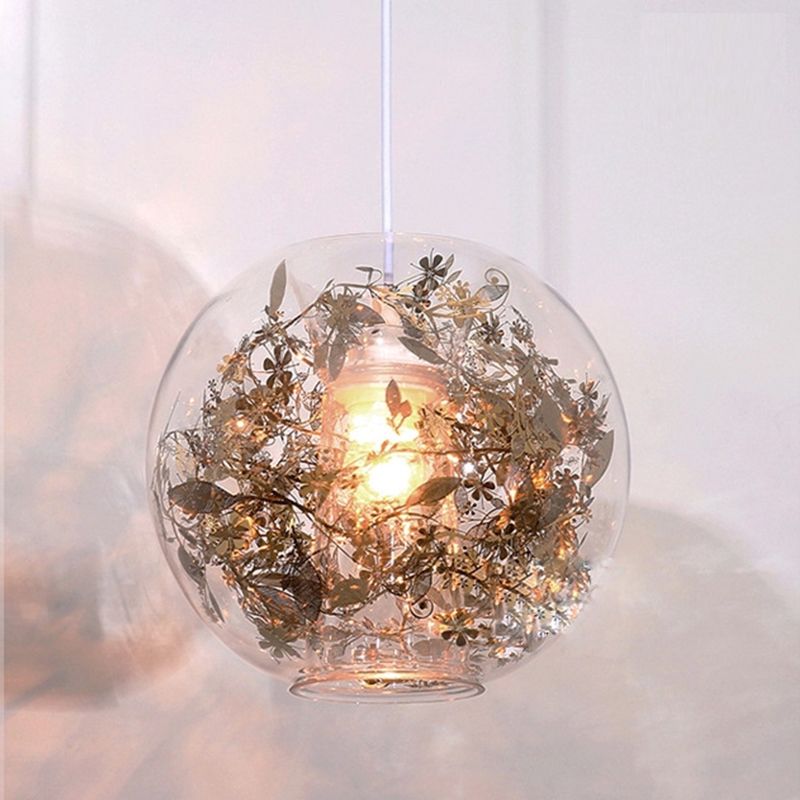 Globe Clear Glass Pendulum Light Modern 1 Head Silver/Gold Ceiling Hang Lamp with Scattered Flower Decor