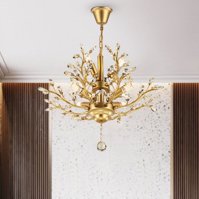 Country Style Foliage Chandelier Metal Suspension Light with Crystal Decor in Gold