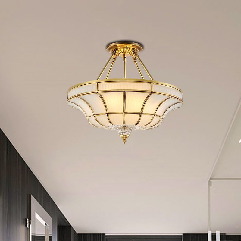 3/6 Lights Ceiling Mount Antique Curved Frosted Glass Semi Flush Lighting in Brass for Bedroom, 16"/19.5" Wide