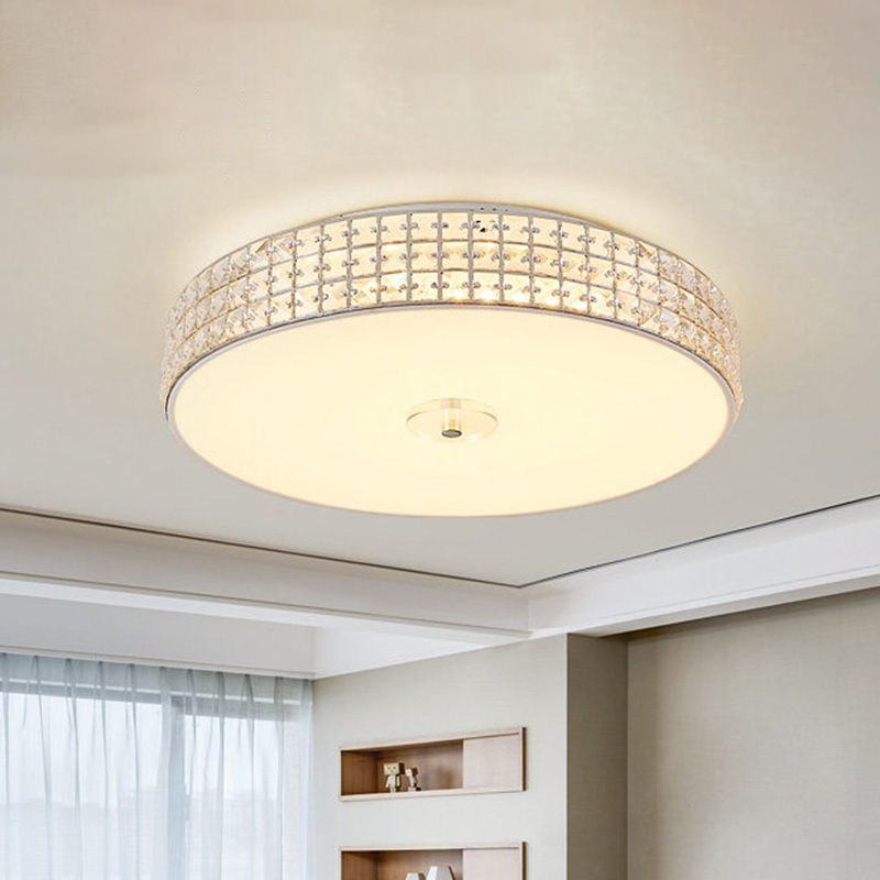 K9 Crystal Drum Flush Mount Lighting Minimalist Silver 12"/16"/19.5" Wide LED Ceiling Light for Bedroom