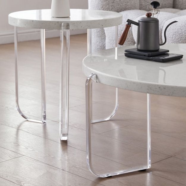 Contemporary Round Terrazzo Coffee Table in White Acrylic Legs 1 Single Cocktail Table