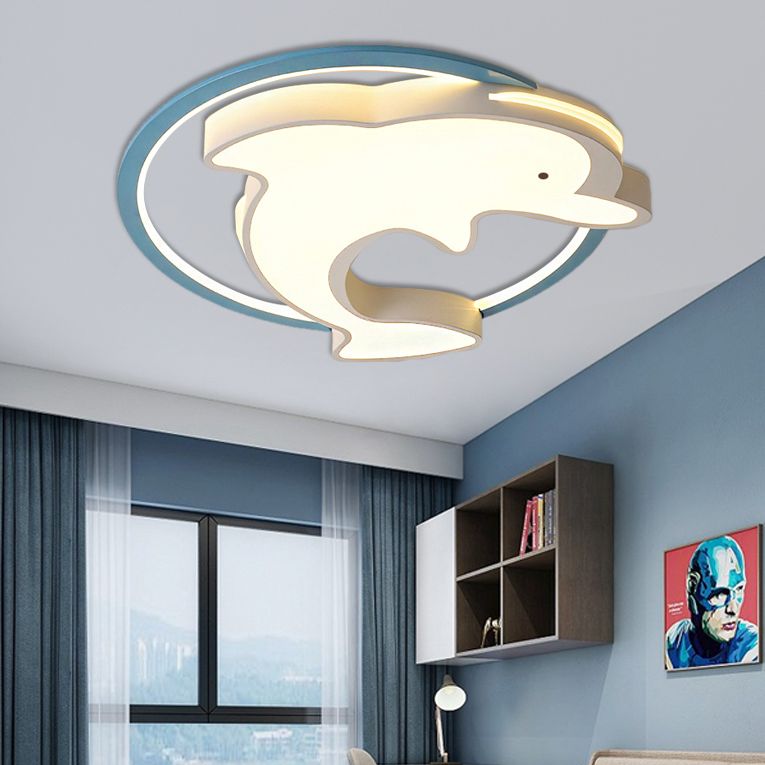 Plafonnier LED pour enfants avec abat-jour en acrylique, plafonnier en forme de dauphin bleu, lumière blanche chaude/blanche, 18"/23,5" W