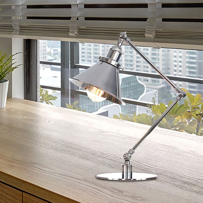 Tapered Study Room Desk Lighting Metal 1 Light Industrial Reading Book Light with 8"+8"/8"+8"+8" Length Arm in Chrome
