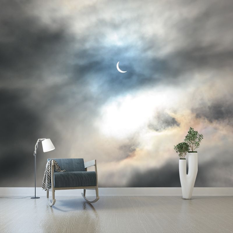Modernist Crescent Moon Mural Grey and White Cloudy Sky Wall Decor for Living Room