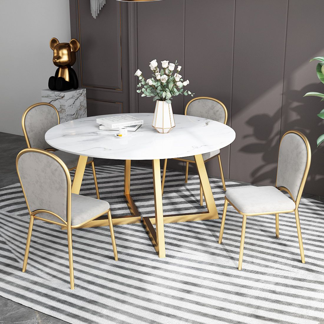 White Stone Top Dining Table Glam Style Gold Base Dining Table for Living Room