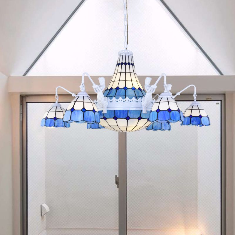 Stained Glass White Hanging Chandelier Grid Patterned 13 Lights Baroque Suspension Pendant