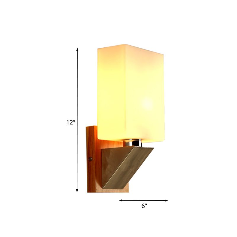 Cuboid Sconce Lighting Modernist White Frosted Glass 1 Head Wood Wall Lamp with Triangle Metal Base