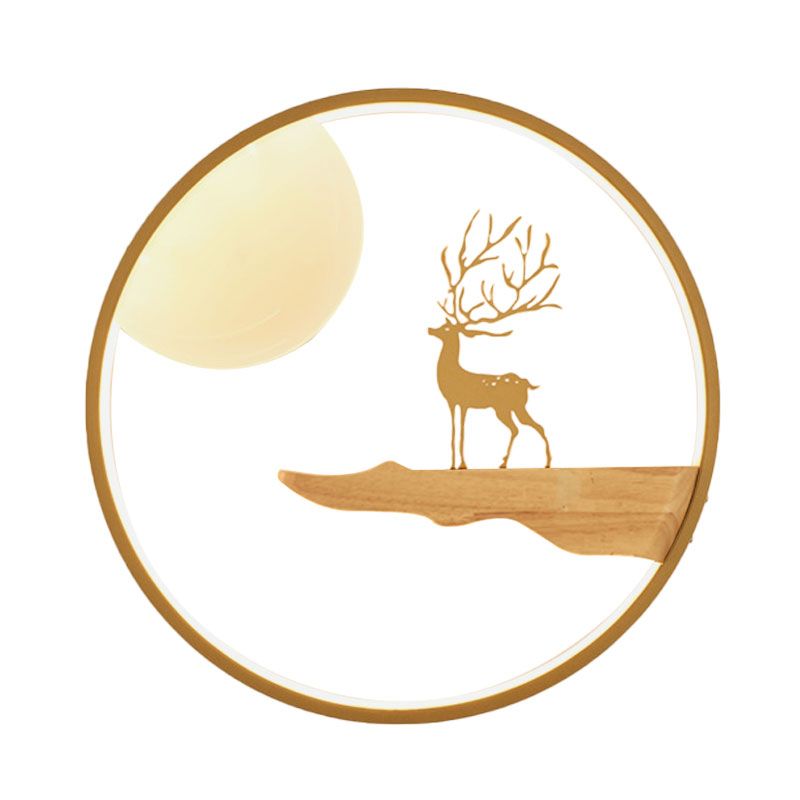 Iluminación mural de pared LED asiática luna negra/beige luna y luz de la pared de ciervos con marco de madera