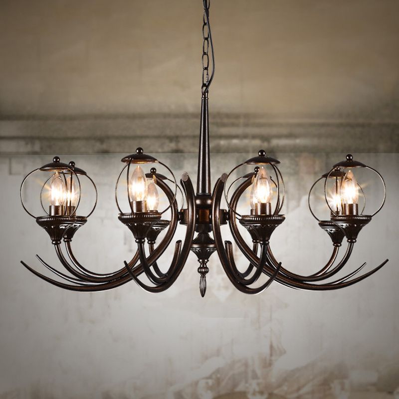 Farmhouse Wire Guard Chandelier Lighting with Curved Arm 8 Heads Iron Hanging Light Fixture in Black