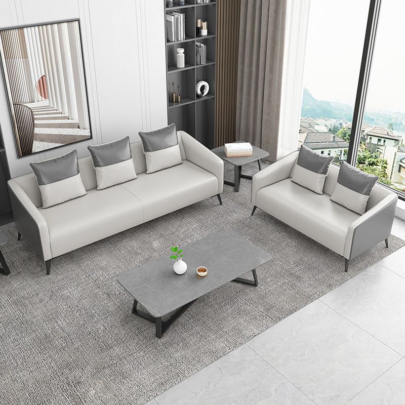 Gray Contemporary Sofa Faux Leather Tuxedo Arm Sofa with Pillows