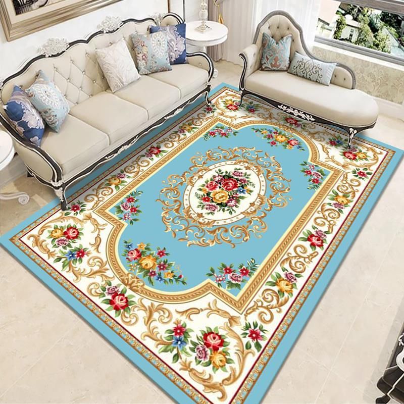 Wine Red Vintage Carpet Polyester Flower Carpet Washable Carpet for Living Room