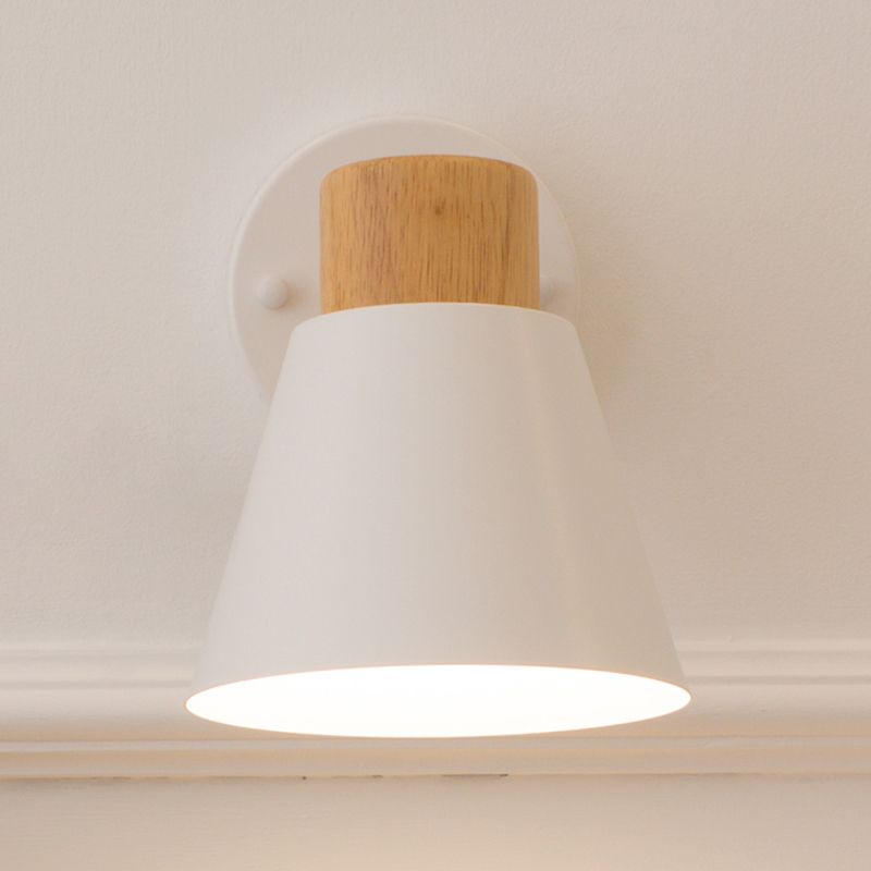 Modernism Conical Sconce Metal 1 Bulb Wall Mount Light Fixture in White with Wood Cap