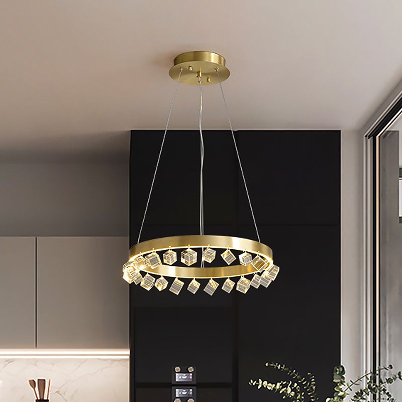 Loop Kitchen Dinette Chandelier Minimalistic Metal Gold Finish LED Pendant Light with Dangling Crystal Cube