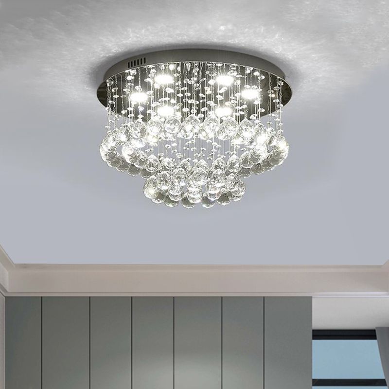 Minimalist LED Flush Lamp Nickel Circle Ceiling Mounted Light with Crystal Drip Shade, 19.5"/23.5" Wide