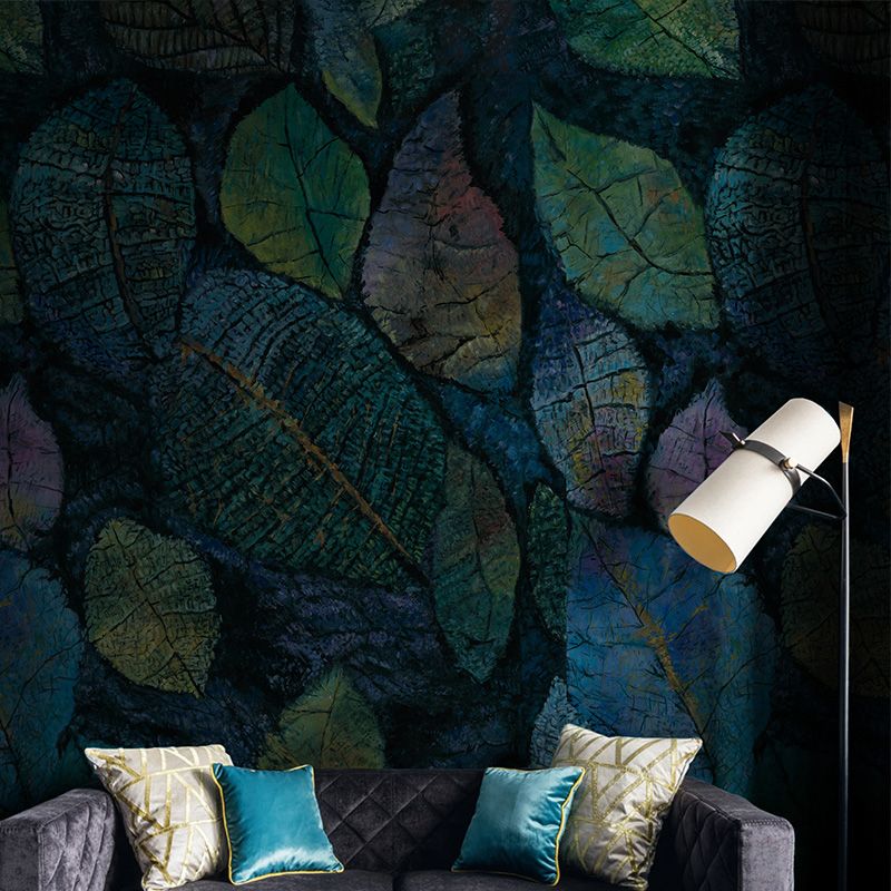 Aqua Scattered Leaf Wallpaper Murals Stain Resistant Wall Covering for Living Room