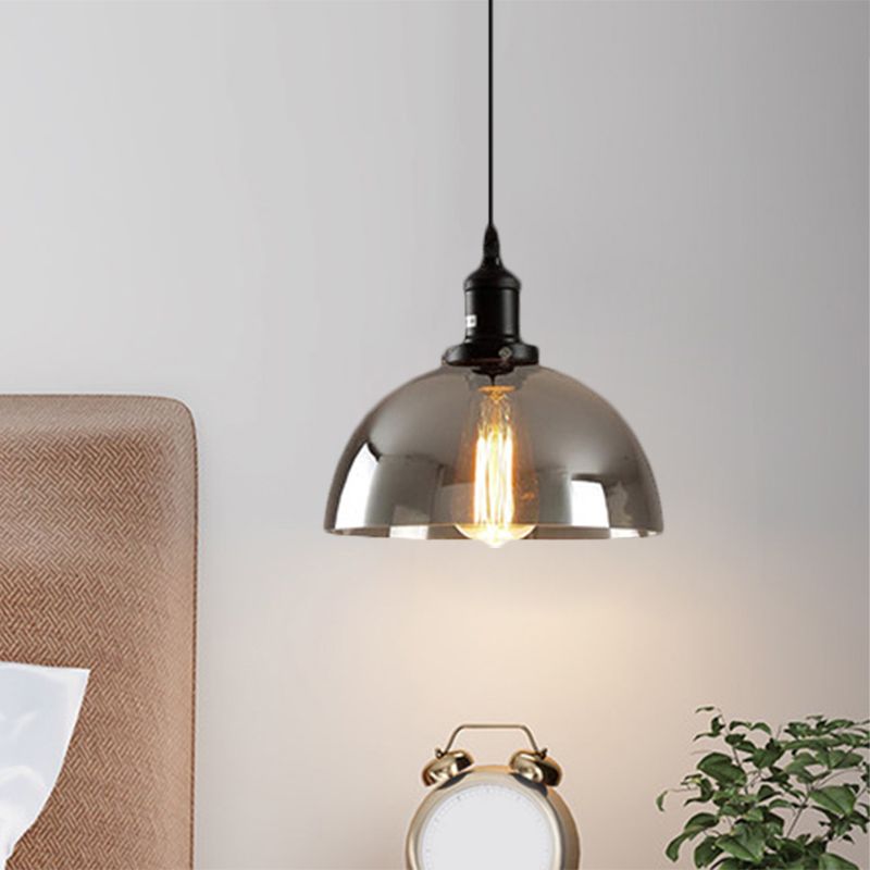 Dome Pendant Lighting Industrial 1 Light 10"/12" Wide Smoked Glass Hanging Lamp in Black
