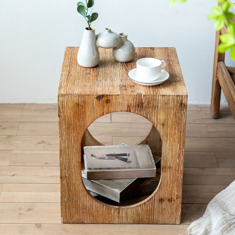 Rustic Wooden Storage End Table Square Drum Side Table in Natural