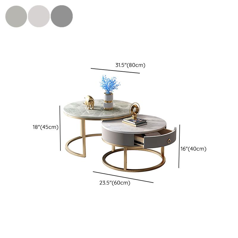 Slate Round Frame Coffee Table Modern Nesting Coffee Table Set with Drawer