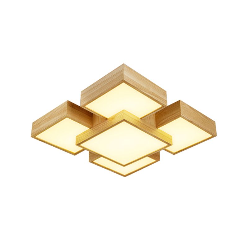Beige Square Flush Mount Light Fixture Modernist 26"/31.5" Width LED Wood Ceiling Lighting