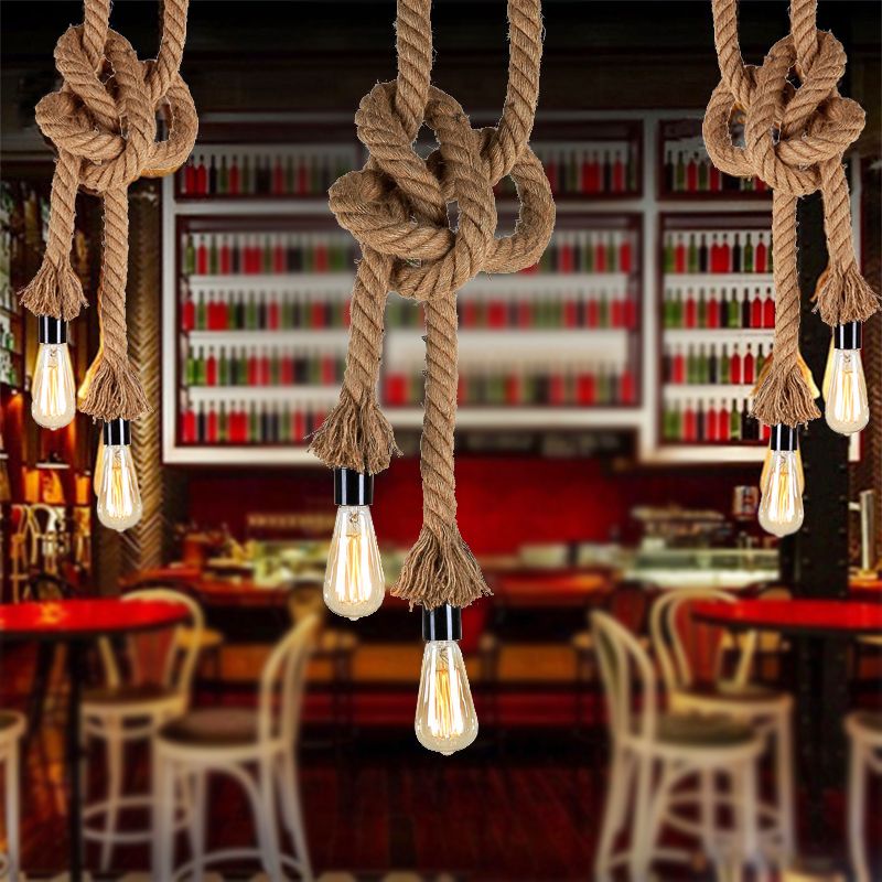 Light Brown 2 Heads Ceiling Pendant Light Vintage Style Rope Open Bulb Hanging Lighting for Bar