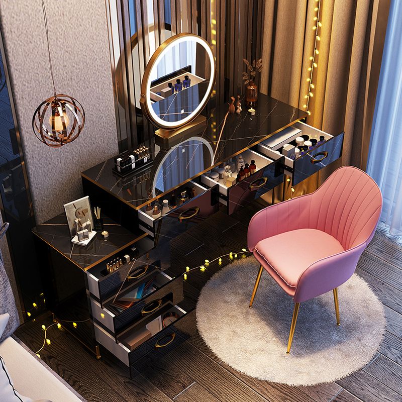 Glam Stone Top Makeup Dressing Table with Drawers in Black for Living Room