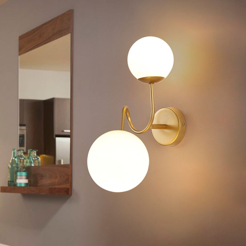 Metal Curved Arm Sconce Light Contemporary 2 Heads Wall Mounted Lamp in Gold with White Glass Shade