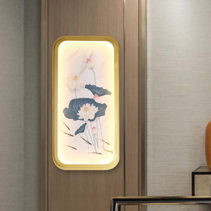 Asia Lotus Fabric Wall Mount Mural Lamp LED Flush Mount Wall Sconce in Gold for Bedroom