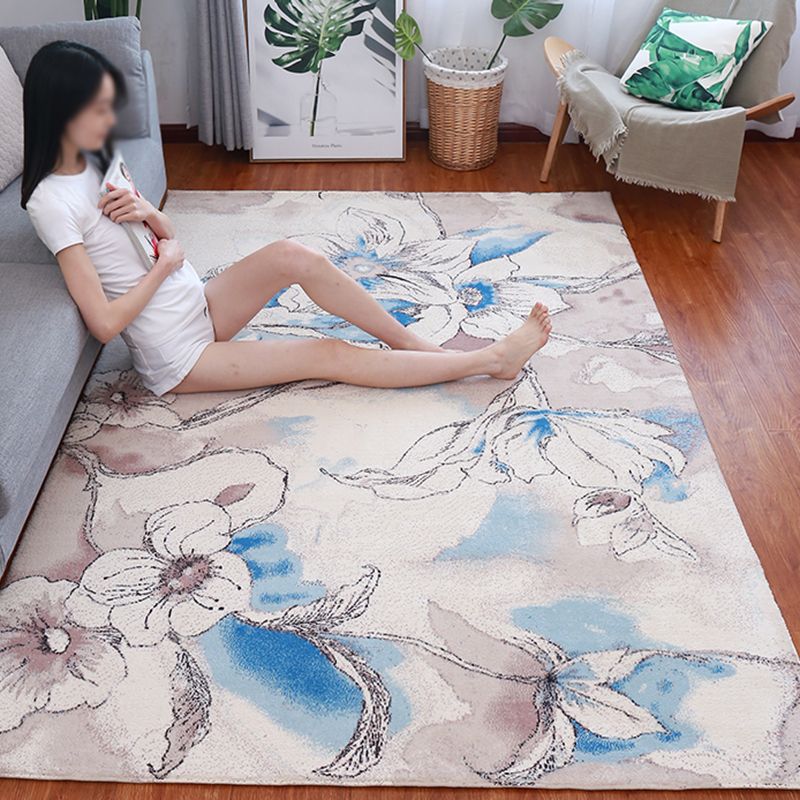 Blue Tone Contemporary Indoor Rug Polyester Plant Print Rug Non-Slip Backing Indoor Rug for Living Room