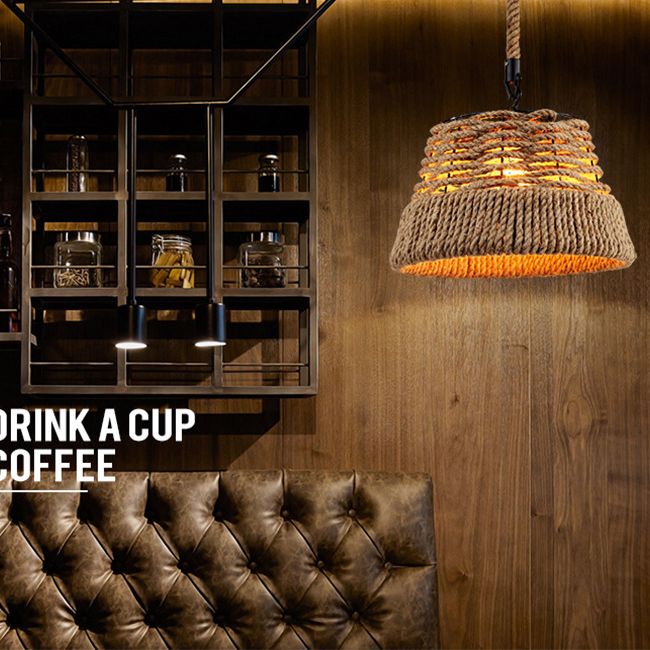 Rustic Bowl Ceiling Light Beige Hemp Rope 1 Light Restaurant Hanging Pendant Lighting