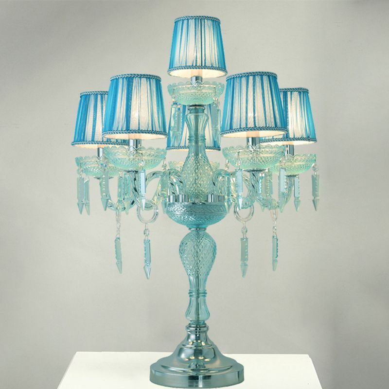 Kristalblauw nachtkastje lamp kandelaar 5/6/7 bollen traditionele slaapkamer tafellicht met vat stof schaduw