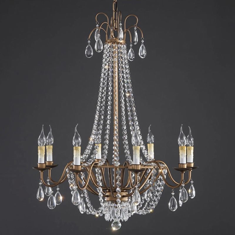 Bronze Finish Candle Chandelier Countryside Metal Living Room Ceiling Light with Crystal Drape