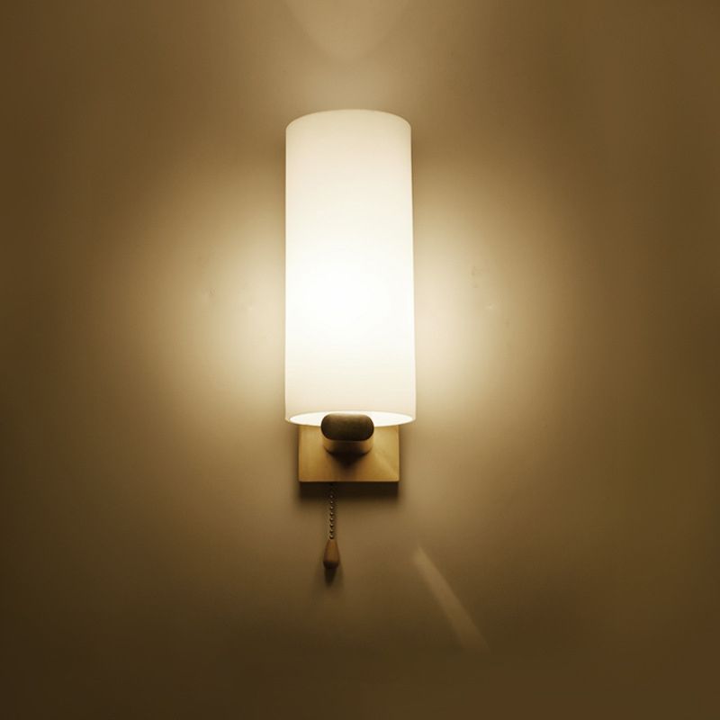 White Glass Wall Light in Modern Concise Style Wooden Cylindroid Wall Sconce for Bedroom