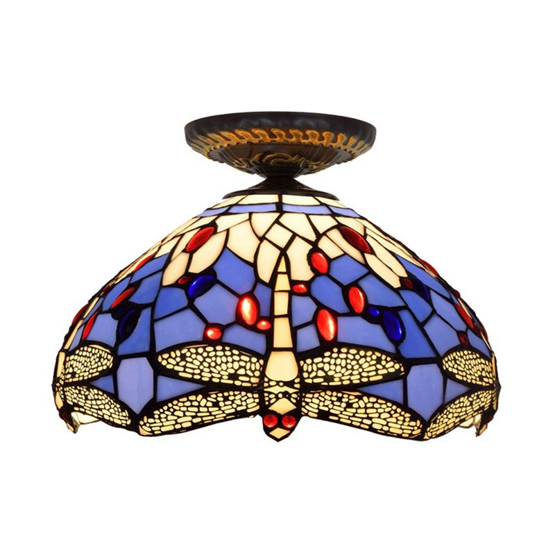 Lampe encastrée Tiffany Dragonfly, 1 ampoule, vitrail proche du plafond, luminaire en laiton
