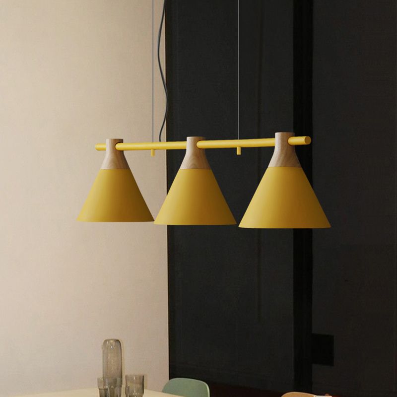 Adjustable Hanging Cord 3 Lights Island Pendant Lights Nordic Style Conical Metal Pendant in Wood