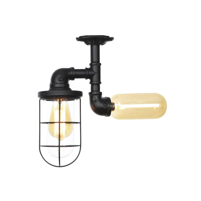 Lámpara montada en techo de pasillo de 2 luces vintage semi empotrada con orbe/cápsula de vidrio transparente en negro con jaula