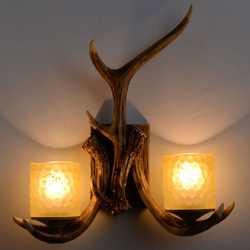 Lámpara de pared de cilindro marrón Vidrículas rústicas 2 bulbos Luz de la pared de la sala de estar con asta decorativa