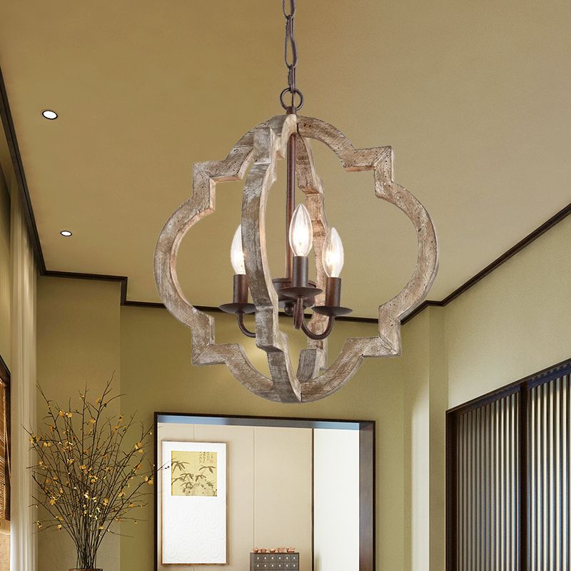 4 Lights Candle-Style Ceiling Chandelier Countryside Beige Wood Pendant Lamp with Globe Cage