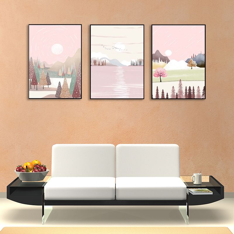 Park Scenery Wall Art Set for Living Room Beautiful Landscape Print Canvas in Pink