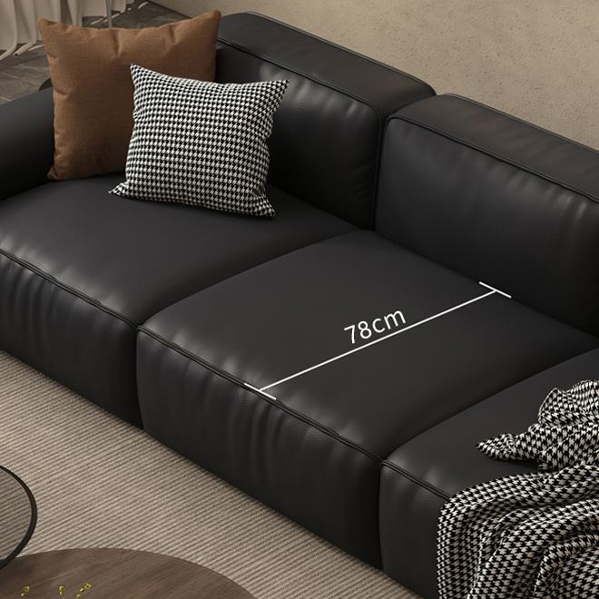 Contemporary Black Genuine Leather Square Arm Sofa with Pillows