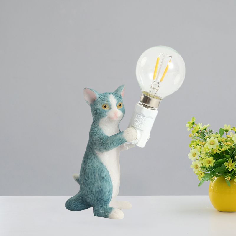 Tabby Cat Holder Table Lamp Kids Iron 1 Bulb Black/Yellow/Blue Nightstand Light with Bare Bulb Design