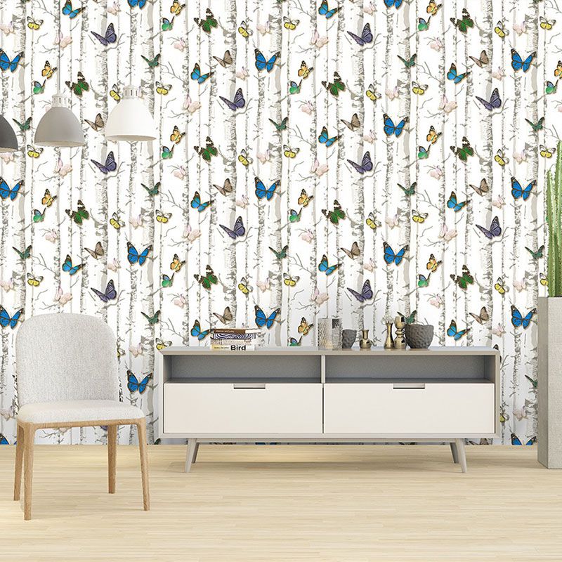 Birch Tree and Butterfly Wallpaper Roll Peel and Stick Wall Covering for Coffee Shop