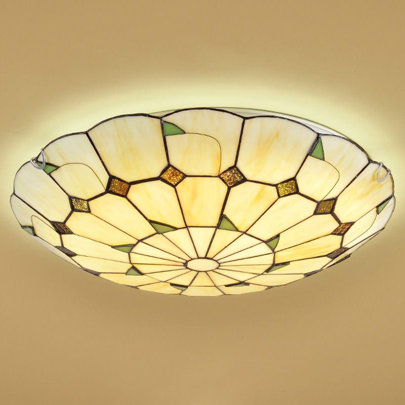 Lámpara de techo Tiffany con patrón de hojas, lámpara LED de montaje empotrado con pantalla de vitral Retro para dormitorio y sala de estar