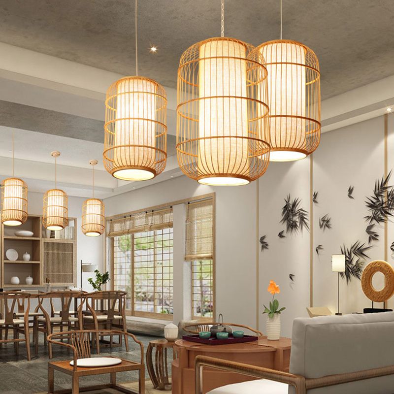 Chinese Elongated Pendant Lighting Fixtures Rattan Hanging Light with Hanging Cord for Restaurant